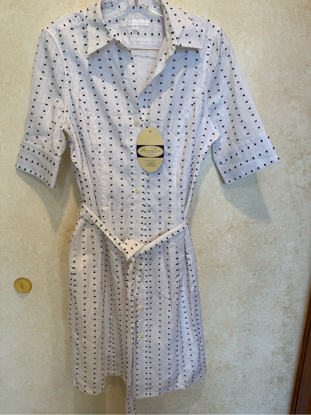 NWT Classic White Midi Shirt Dress with Black Dot Grid — Tie-Waist Casual Chic